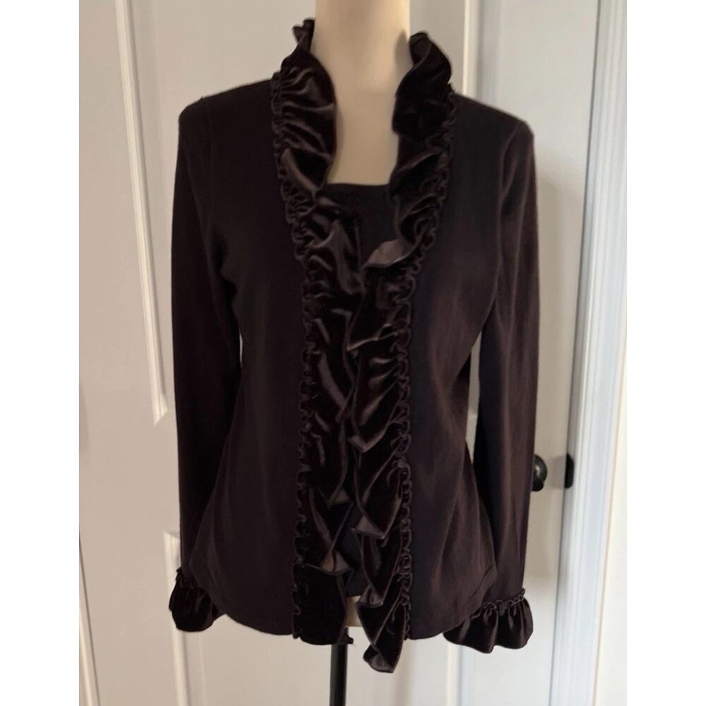 Vintage Y2K Cardigan Sweater Velvet Ruffle‎ Trim Chocolate Brown Medium Career